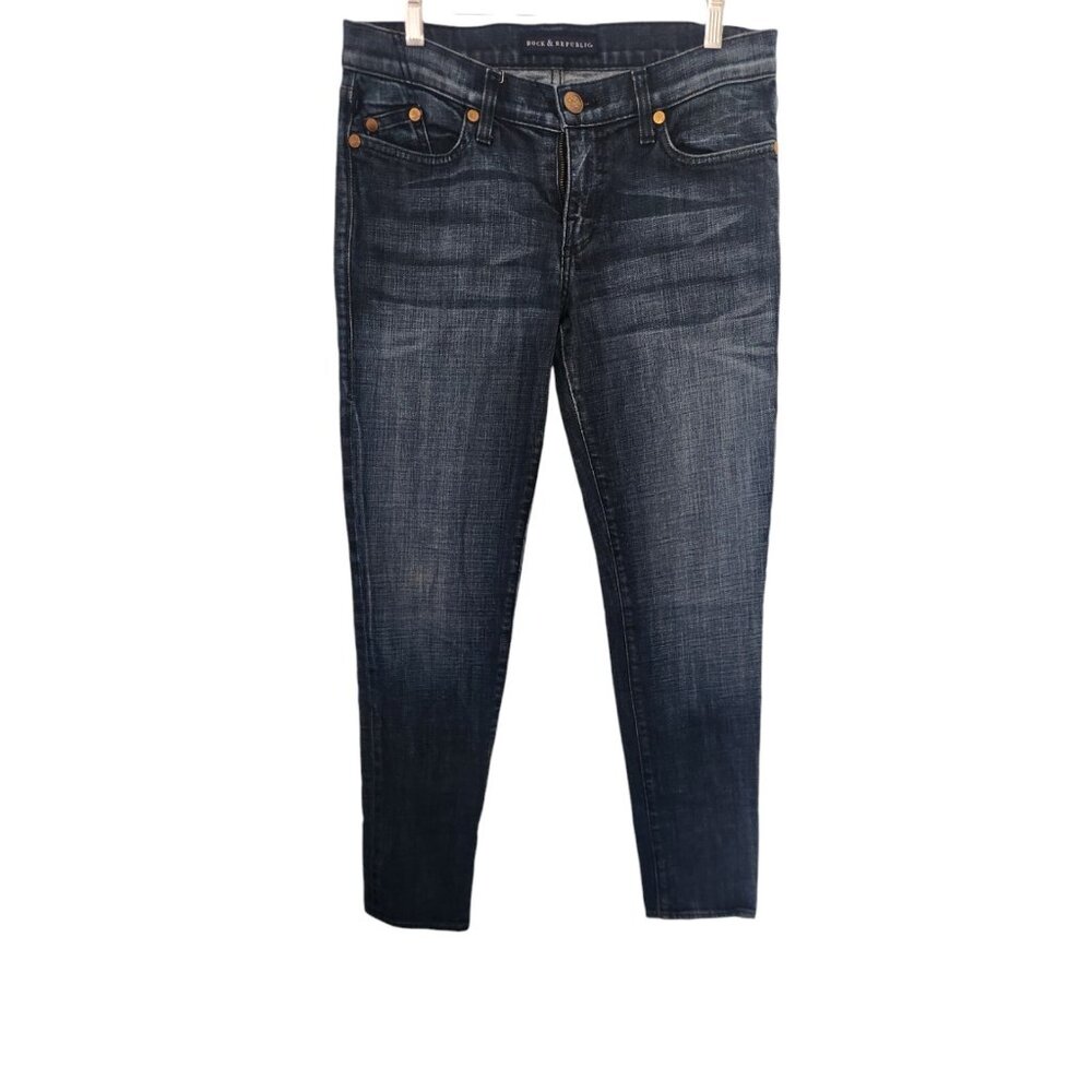 Womens Rock And Republic Denim Jeans Size 30x29 Straight Leg Blue Ankle Zip EUC